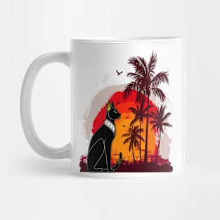 Black Cat Watching Sunset Palm Tree Beach Mug